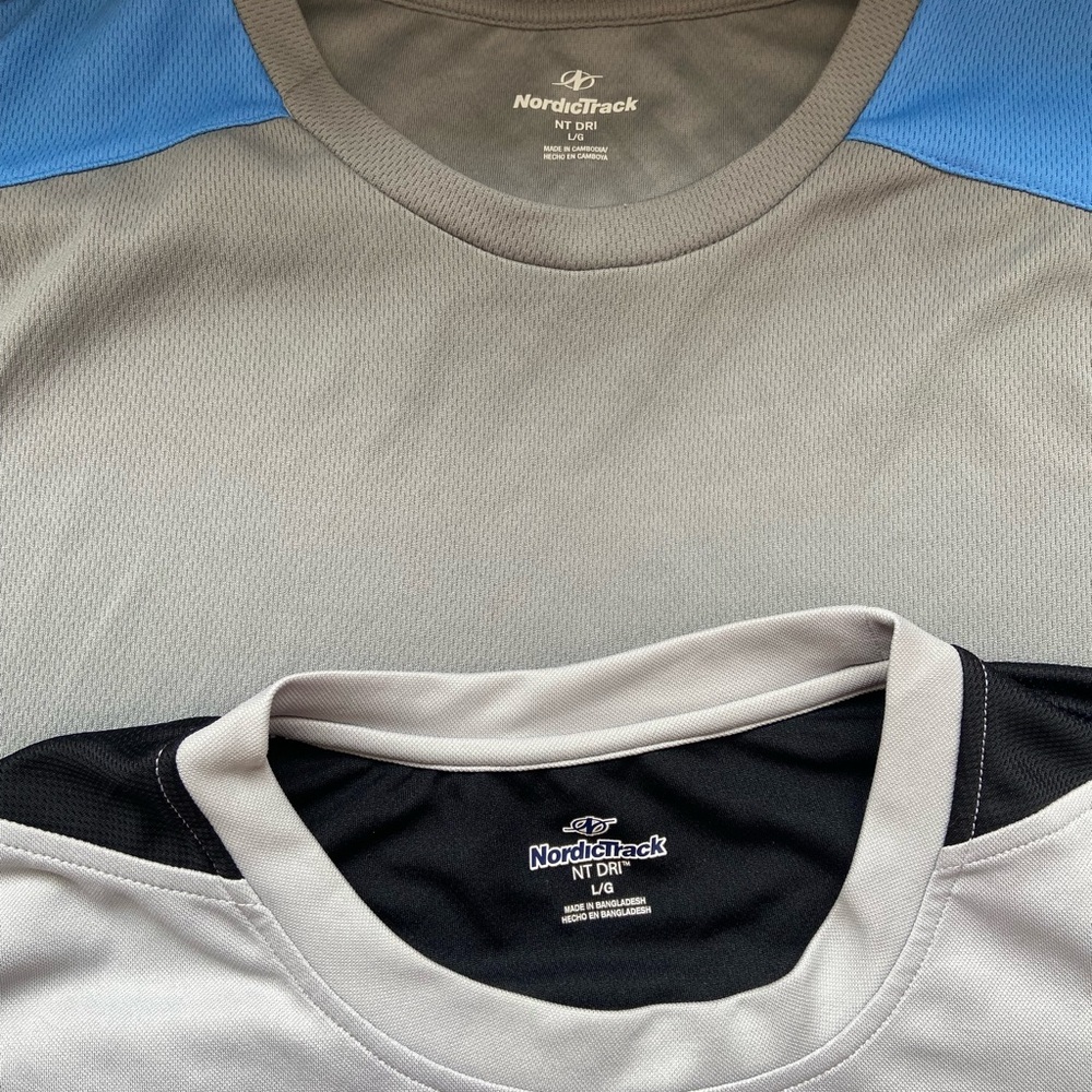 2 NordicTrack Men's Performance NT Dri Tee in Gray and Blue/ Dove and Blk